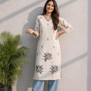 NESH Couture Elegant White Cotton Kurti for Women | Floral Embroidered Straight Kurta Top for Trendy Jeans, Plazos or Trousers